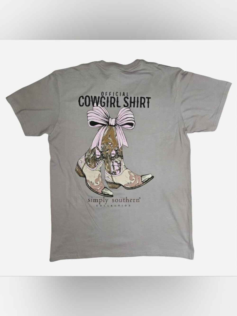 Simply Southern 'Official Cowgirl' gray t-shirt with graphic camo cowboy boots